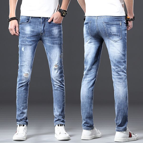 

2021 men's stretch slim fit youth new casual fashion jeans, Blue