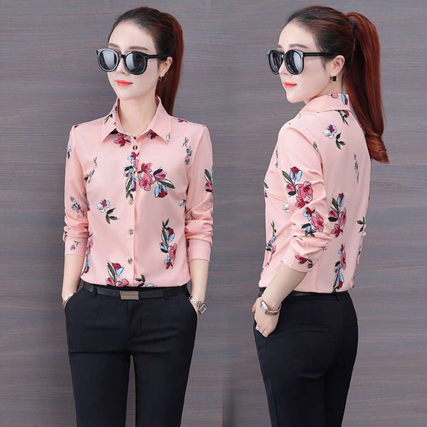 

2021 spring new korean slim print long sleeve fashion versatile floral women's chiffon shirt, White