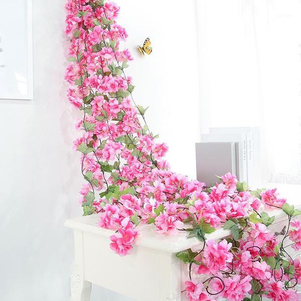 

yumai 180cm cherry blossom rattan pink sakura flowers vine artificial wreath for wedding wall hanging decoration garden decor1