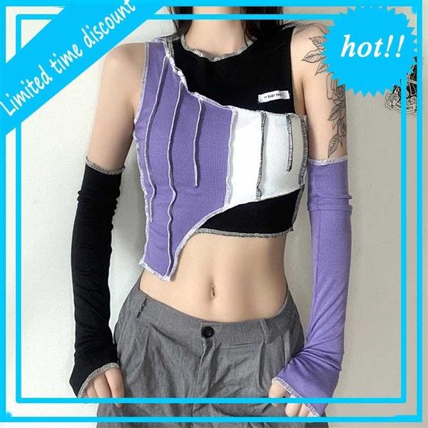 

2021 women's autumn and winter new fashion contrast round neck irregular slim top, White