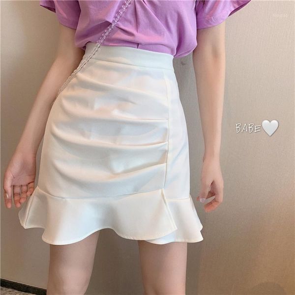 

ruffles pleated mini skirts women high waist korean autumn mermaid skirt office lady slim zipper vintage clubwear 2020 x7771, Black