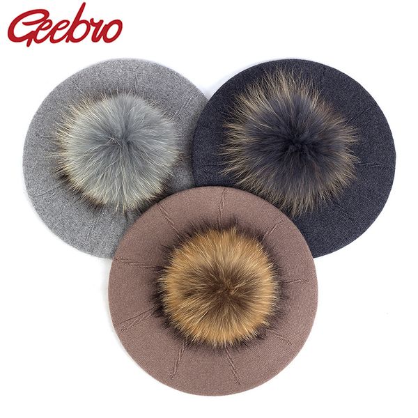 

geebro elegant sweet women girls beret warm winter autumn hat lovely ladies party hats cap with real fur pompom female gift 201026, Blue;gray