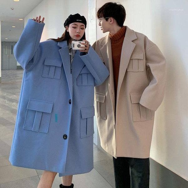 

korean style woolen coat men's fashion casual multi-pocket woolen jacket couple streetwear loose long coat men s-2xl1, Black