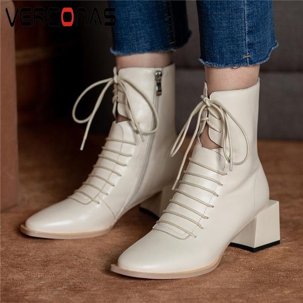 

verconas female genuine leather ankle boots for women new narrow band thick heels shoes woman autumn winter concise office boots, Black