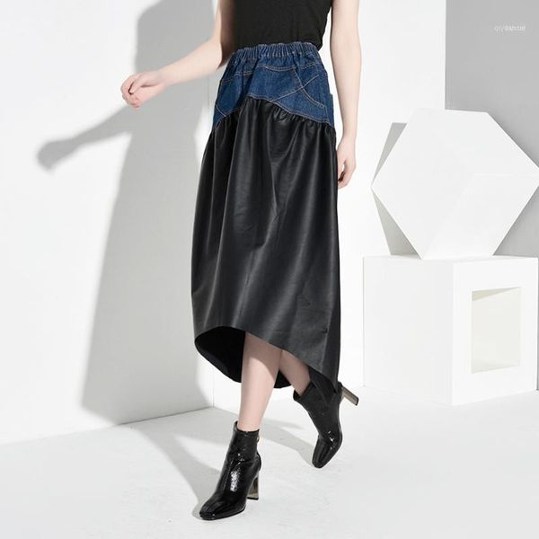 

2020 new style spring autumn black pu stitching denim asymmetric skirt temperament half body skirt women fashion tide big size11