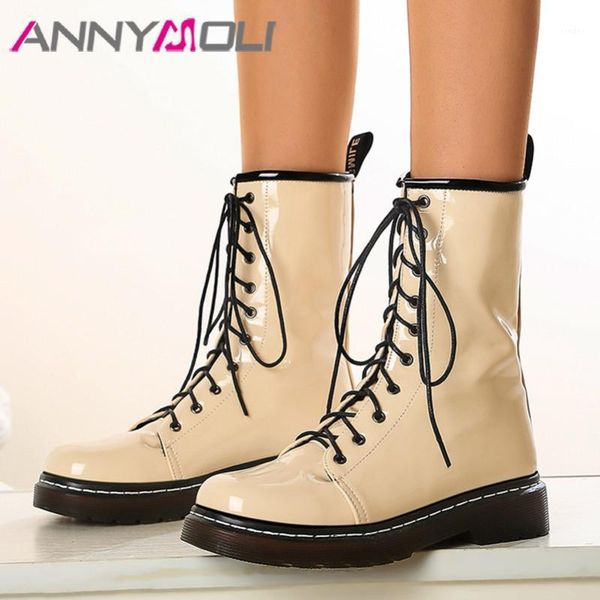 

boots annymoli platform flat motorcycle woman mid calf round toe shoes lace up ladies footwear autumn winter white size 431, Black
