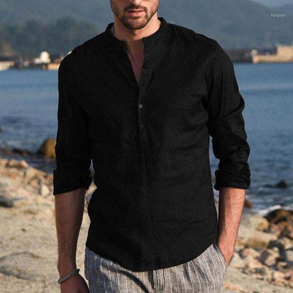 

spring and summer long sleeve cotton linen shirt men three quarter sleeve men shirt mandarin collar camisa social brand cothing1, White;black