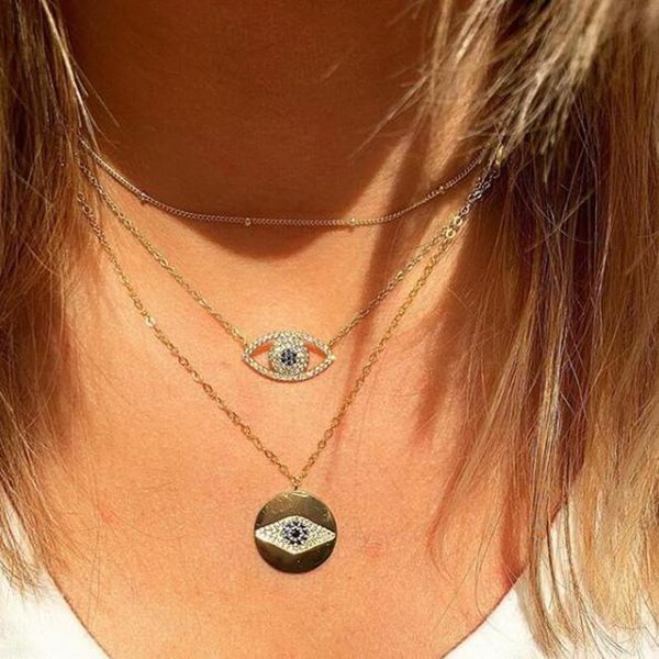 

chains est engraved mini cz turkish eye gold wide disc pendant necklace for modern lady women party evil long chain jewelry, Silver