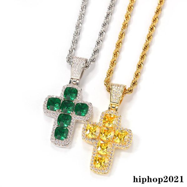 

mens hip hop cross necklace cz stone bling iced out pendant necklace jewelry gold slver green diamond statement necklaces gift, Silver