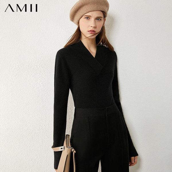 

amii minimalism winter sweaters for women causal solid vneck soft wool sweater knitted pullover female sweater 12030459, White;black