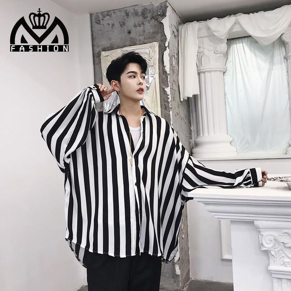 

new men's fashion personality black and white striped loose bat shirt stage catwalk show nightclub men's long-sleeves shirts1, White;black