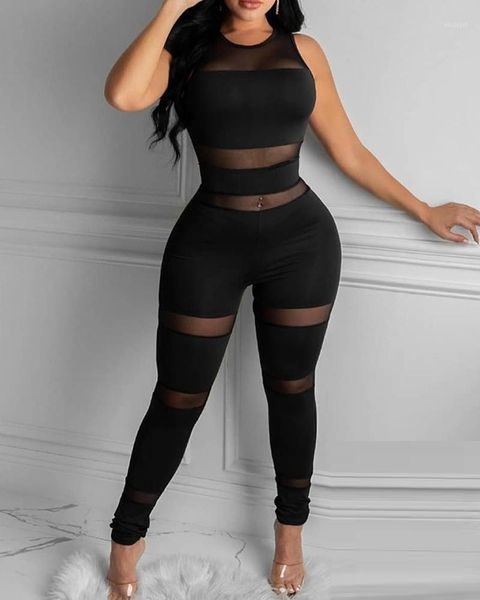 

2020 women fashion elegant casual sheer mesh thick strap sleeveless skinny jumpsuit solid round neck party1, Black;white