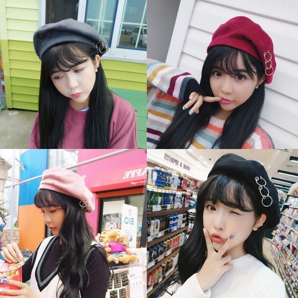 

autumn and winter women hats personality round iron wool woolen painter bud hat korean retro berets burning cake hat beanies1, Blue;gray