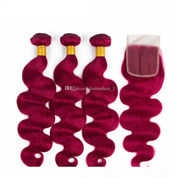 

new 99j color body wave hair bundles with lace closure virgin human hair weaves burgundy hair with lace closure, Black;brown