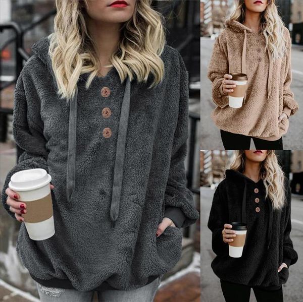 

women hoodies sweatshirt winter fleece hoodie warm female solid button clothes ladies hoody hoodies plus size, Black
