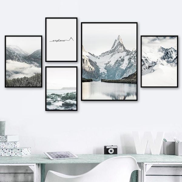 

paintings alps fog snow mountain lake seascape nordic posters and prints wall art canvas painting pictures for living room home decor1