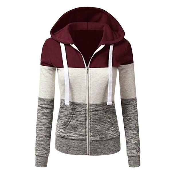 

women's jackets women zip-up hooded jacket autumn winter patchwork loose sweatshirt coat fashion oversize long sleeve drawstring pocket, Black;brown