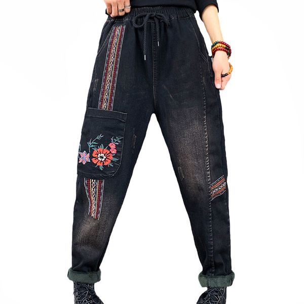 

chinese fashion women vintage denim slacks floral ladies printed skinned brim pants oversized harem embroidered 3iek, Blue