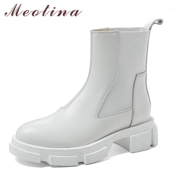 

boots meotina genuine leather platform mid heel short women shoes round toe chunky heels slip-on ankle autumn winter 401, Black