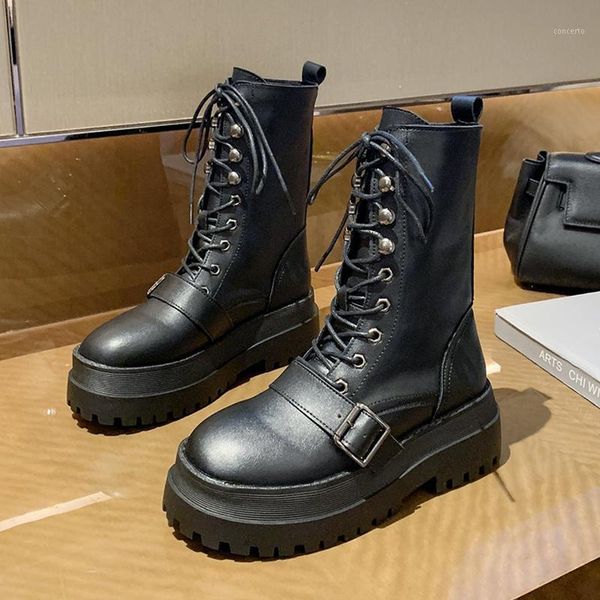 

botas nice chunky platform boots women fashion buckle thick sole pu leather ankle boots autumn winter lace up motorcycle1, Black