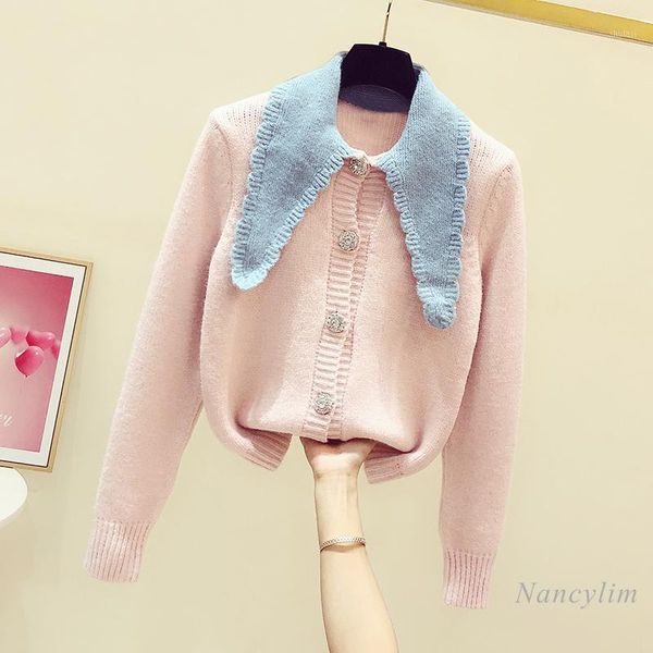 

sweet doll collar drill buckle knitted cardigan for women 2021 autumn and winter new casual female lady sweater coat short1, White