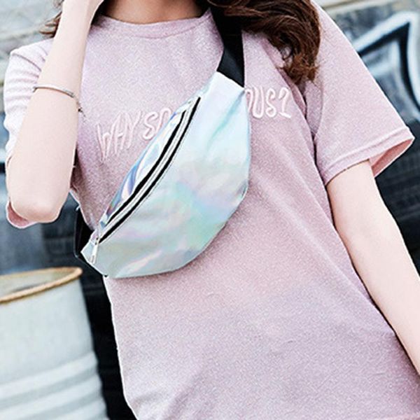 

lkeep 2021 new holographic waist bag for women pink gold black laser fanny pack belt bag ladies bum banana bags