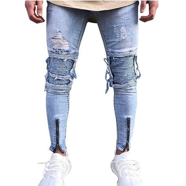

mens new ripped pleated biker jeans slim hip hop fashion designer male ankle zipper skinny pencil jeans, Blue