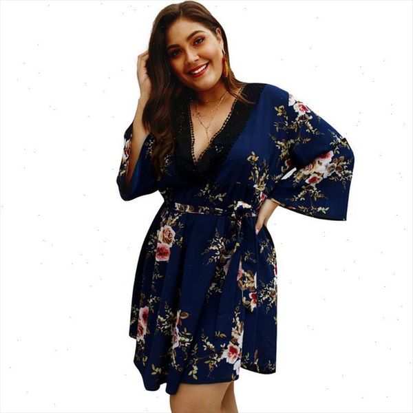 

summer oversized dresses large size dress with flowers women v neck floral long sleeve elegant vestidos boho ladies xxxl 4xl, Black;gray