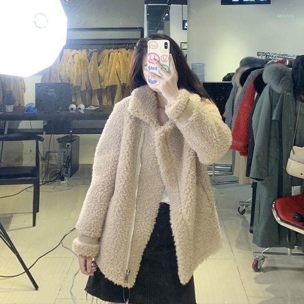 

women 2021 winter casual faux sheep shearing fur coat female turn-down collar jacket ladies fashion solid color outwear s181, Black