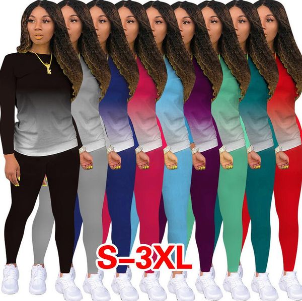 

women tracksuit solid color gradient round collar long sleeve t shirts pants leggings casual two piece outfit sports suits s-3xl f92914, Gray