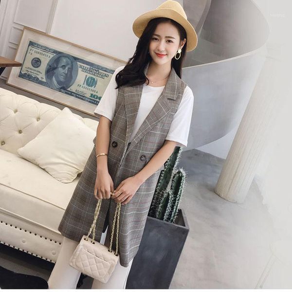 

vintage plaid long double breasted women coat vest1, Black;white