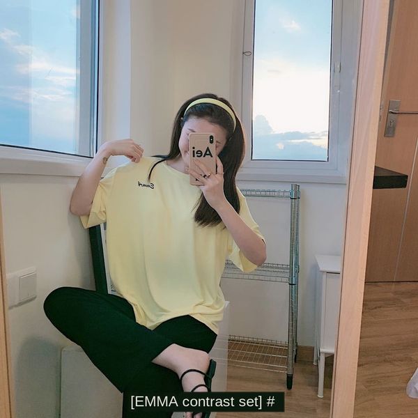 

emma four-color contrast color suit women's modal casual short-sleeved loose under underpants wide-leg pants home clothes two-piece sui, Gray