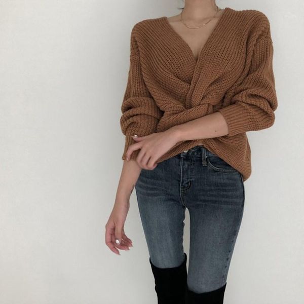 

2019 autumn women korean criss-cross knitted sweaters long sleeve v neck sweaters fall knitting jumpers pullovers1, White;black