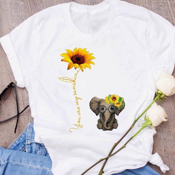 

женщины графический мультфильм слон цветочные kawaii мода печати одежда 90s одежда леди тройник топы женская футболка женская футболка, White
