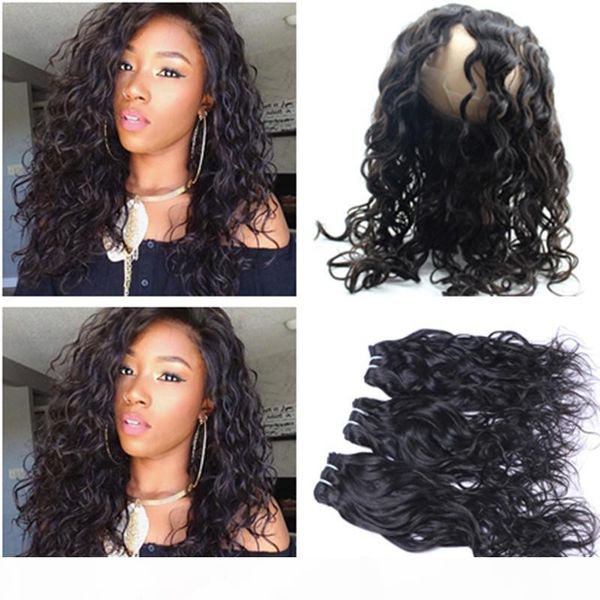 

wet and wavy 360 lace frontal pre plucked with virgin human hair weaves water wave malaysian human hair 3bundles with 360 full frontal, Black;brown