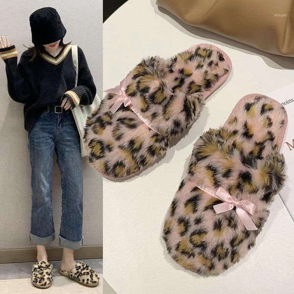 

women's fuzzy leopard print home slippers with cute bow soft non-slip cozy house shoes indoor outdoor women slippers -wt1, Black