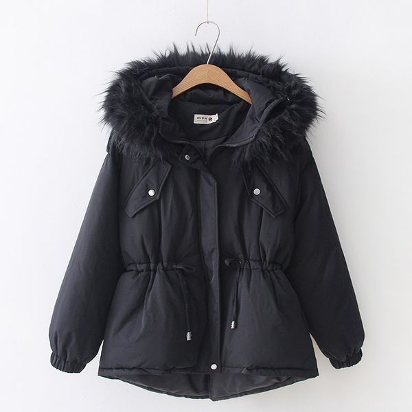 

2021 new all-match great fur collar cotton-quilted female tight-waist short cotton-padded simple jacket of solid colour oemr, Black