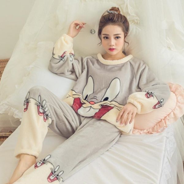 

2 piece flannel winter pyjamas rabbit cartoon pijama women lingerie cute warm sleepwear pants set pajama set pink 201109, Black;red