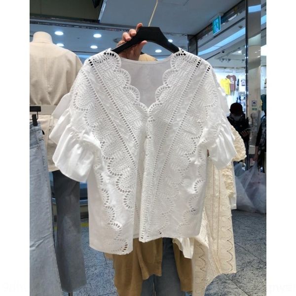 

j1ed2 shirtshirt lace new shirtkorea east gate 2020 sleeve south women's fashion lace v-neck hollowed out ruffled short summer shirt wo, White