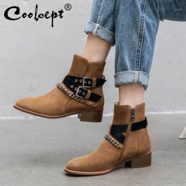 

boots coolcept women genuine leather ankle chain flats buckle zipper fashion shoes woman office lady pointed toe size 34-391, Black