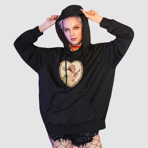 

2020fw womens diy sweatshirts women casual print pullovers 2020 new lady heart shape and character print diy hoodies women fashion, Black