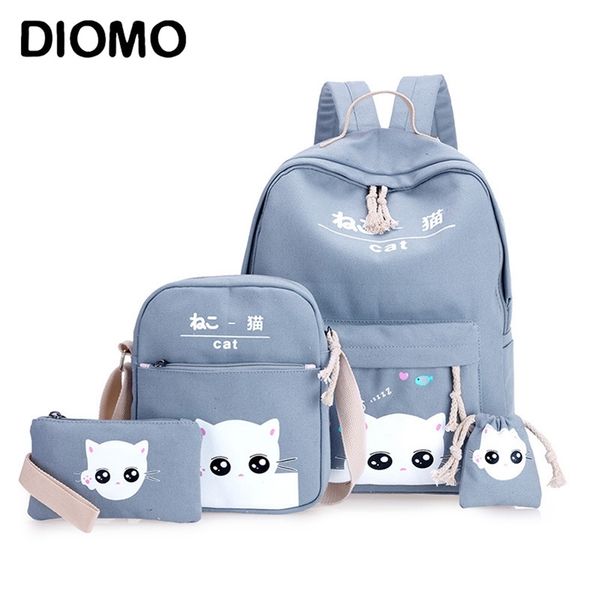 

diomo 4pcs/set lapschool backpacks for girls boys teenagers female bagpack sac a dos femme cute cat canvas satchel kids lj201225