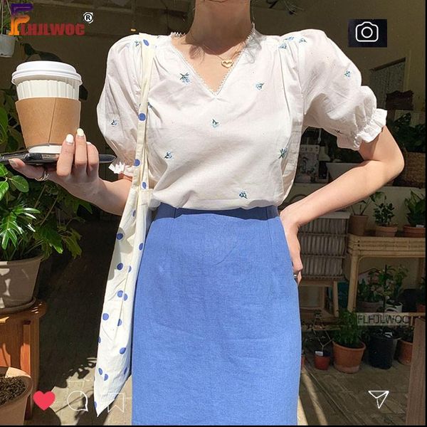 

cute chic sweet girls holiday date wear women puff sleeve korea japan style lolita embroidery white shirt blouse