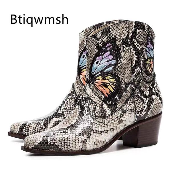 

boots est snakeskin butterfly ankle women pointed toe real leather high heel femme, Black