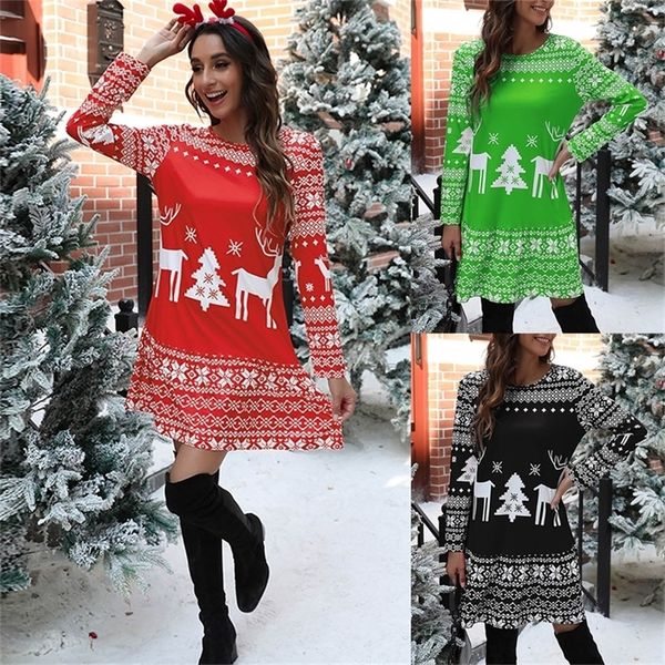 

fashion women party christmas snowflake printed o-neck long sleeves short bodycon dress y201128, White;black