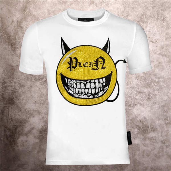

2021 men's cartoon devil smiling face drilling printing phillip plain spring and summer cotton fashion pp short sleeve t-shirt, White;black