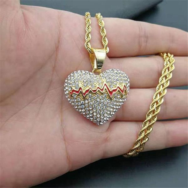 

pendant necklaces heart necklace & with stainless steel chain gold color cubic zircon men's women hip hop rock jewelry, Silver