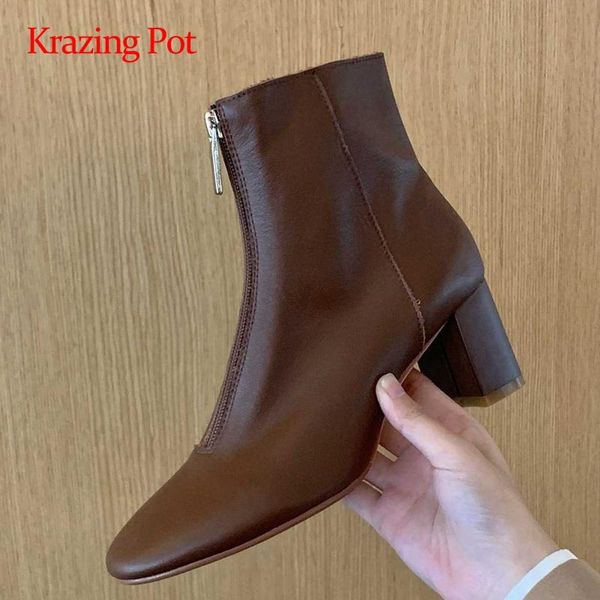 

krazing pot new high street fashion genuine leather nightclub soft round toe thick high heel zipper elegant lady ankle boots l58, Black