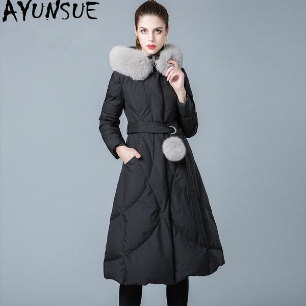 

winter coat women 90% white duck down jacket woman hooded fur collar long down coats puffer jacket 2020 8841199 kj2620, Black
