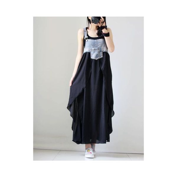 

women summer casual sleeveless lady loose big swing school shopping holiday vacation dress long denim pinaforce dresses, Black;gray